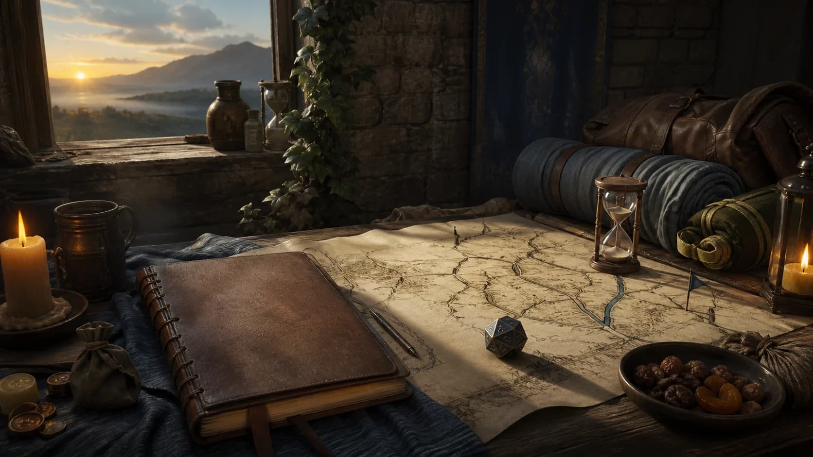 Journal, twenty-sided die, bedroll, and provisions laid out for a new fantasy campaign