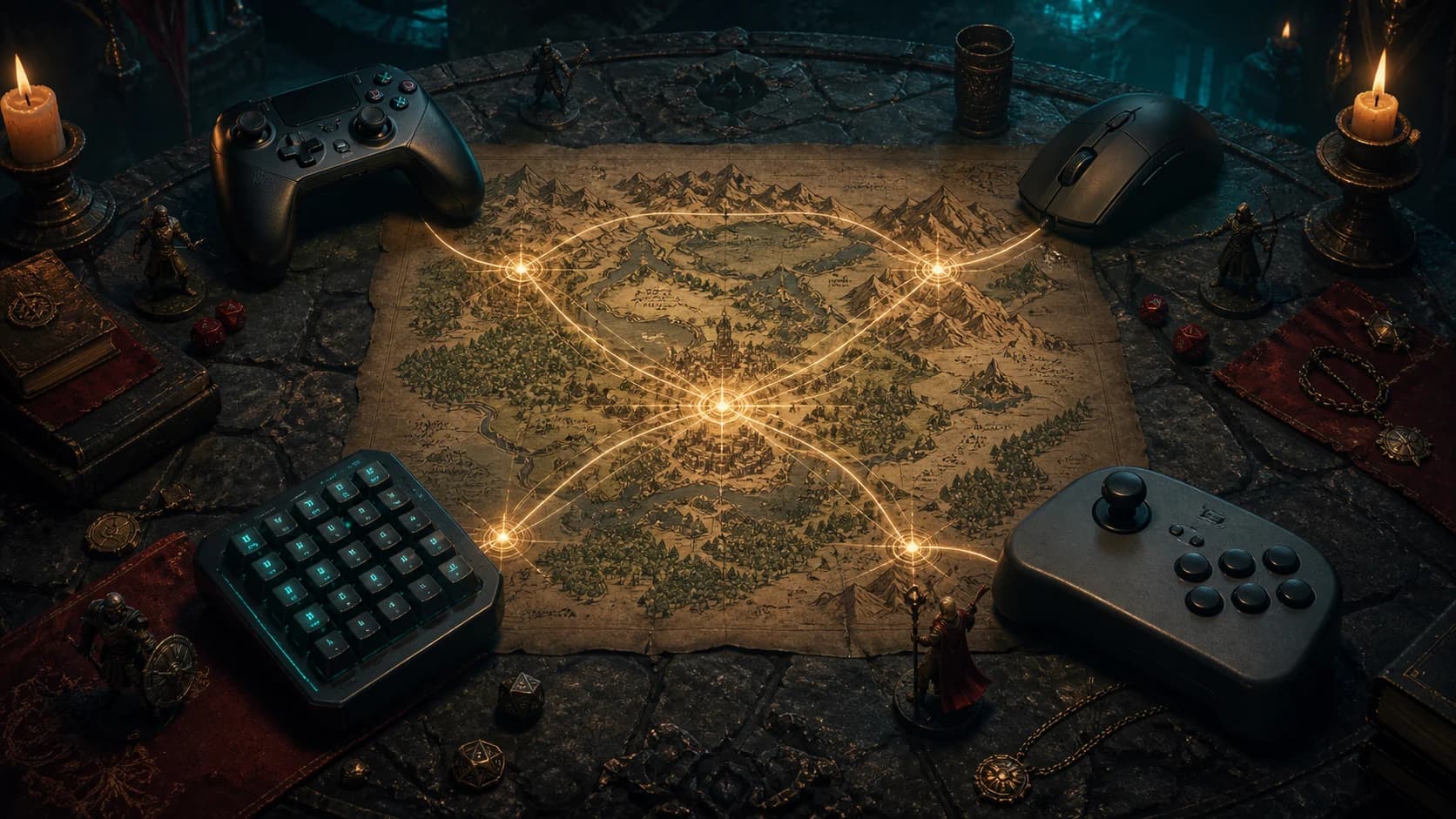 Four unbranded game controllers connected across an original fantasy campaign map