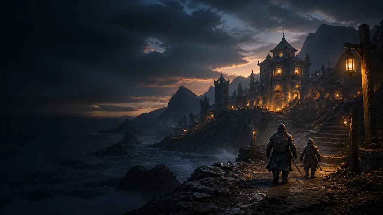 Two fictional adventurers approach a lantern-lit coastal stronghold