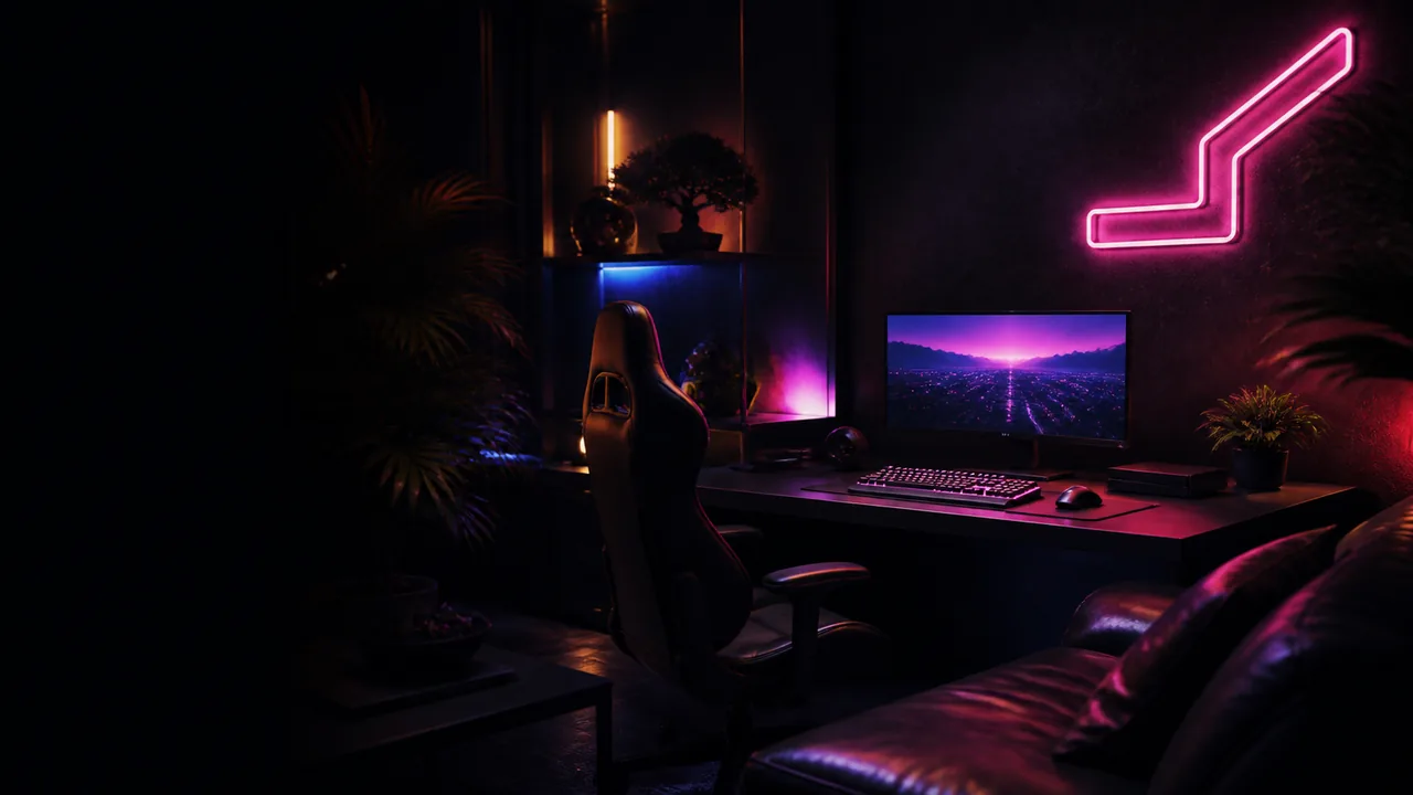 An intimate neon gaming lounge with a desk and widescreen monitor