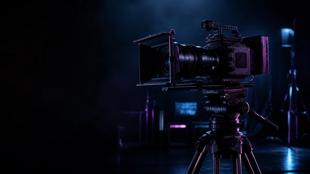 A professional cinema camera in a dark blue and violet studio