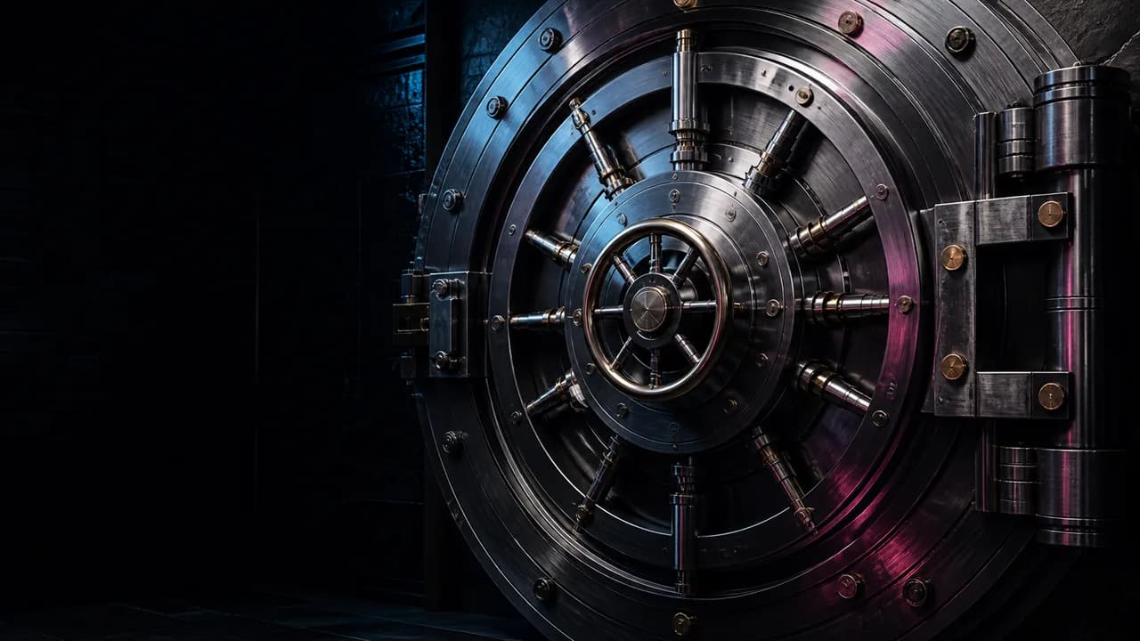 A precision steel vault door in restrained blue and magenta light