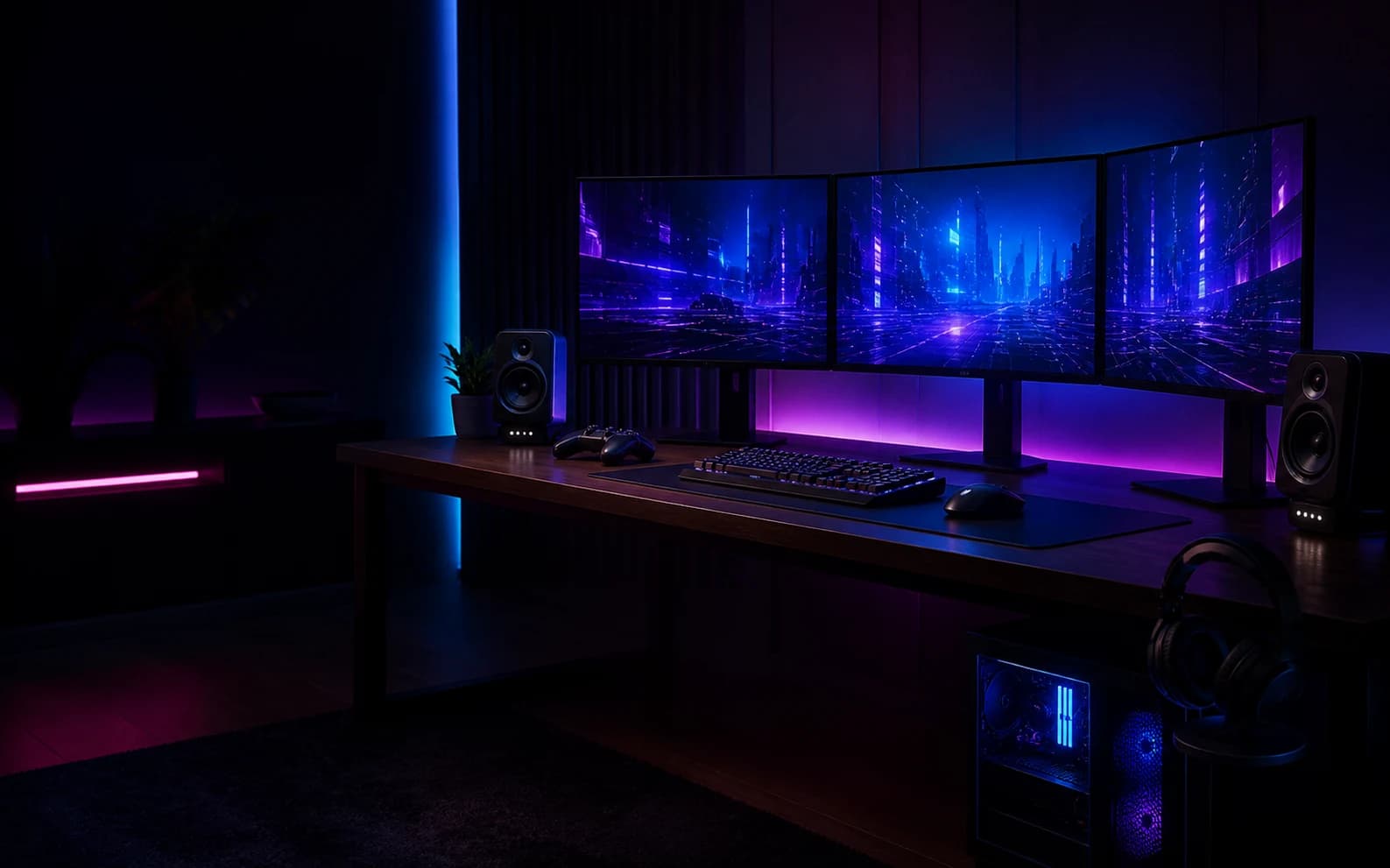 Non-branded three-monitor gaming station lit in restrained blue and magenta