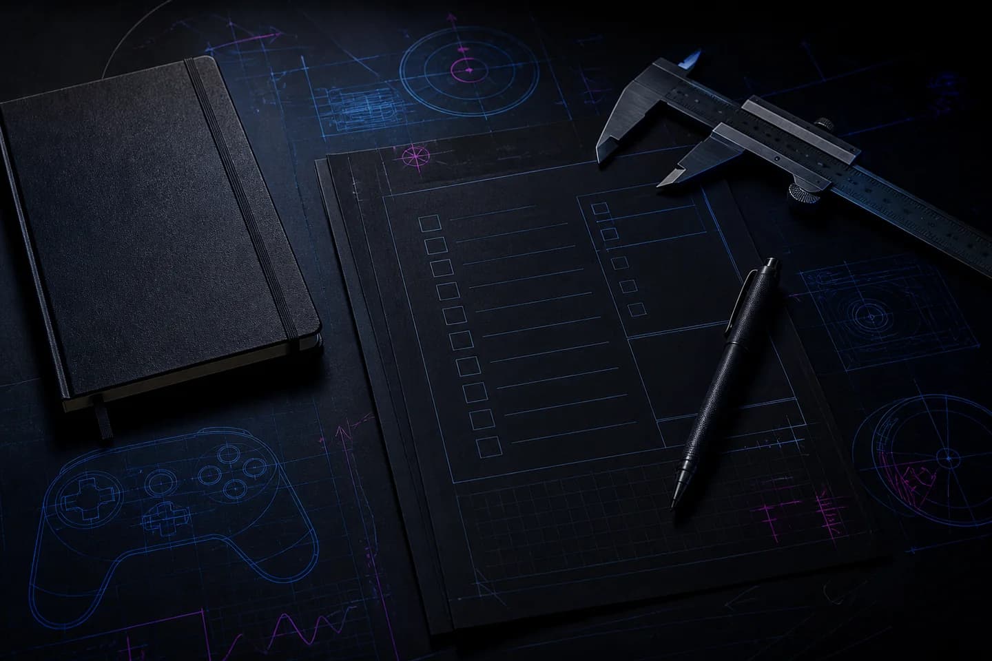 Editorial review checklist, notebook, and measuring tools on a dark workbench