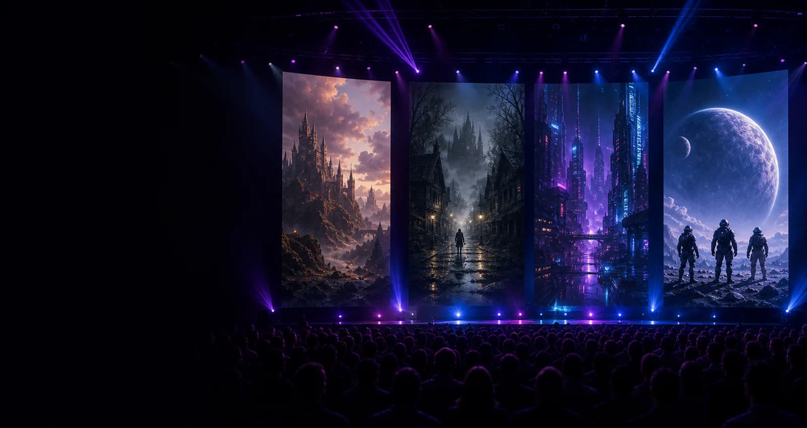 A concept illustration of a crowded gaming convention stage lit in violet and blue