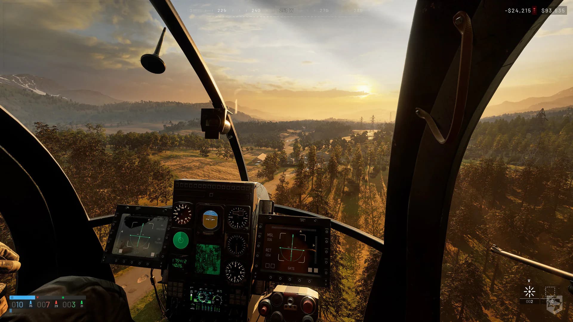 Official WARDOGS first-person view from a helicopter cockpit above the battlefield at sunset.