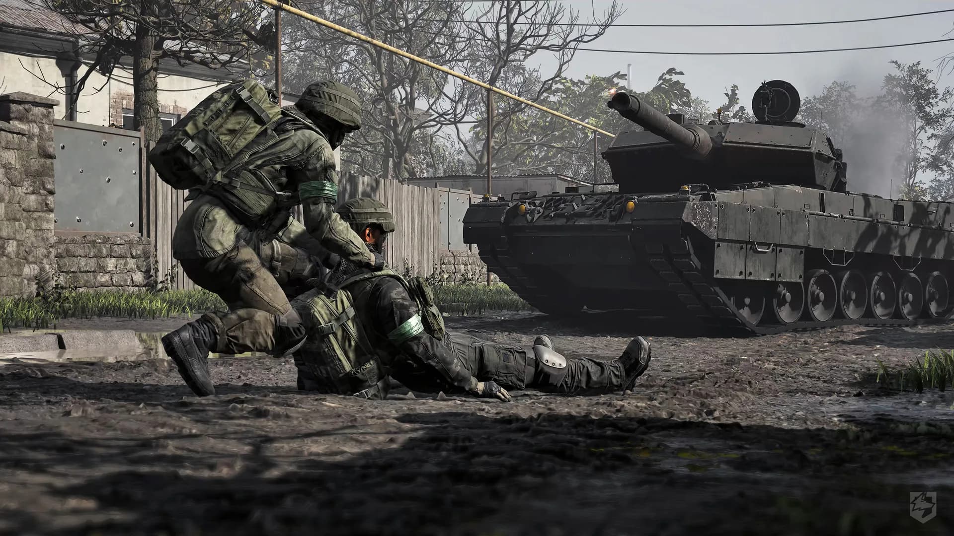 Official WARDOGS screenshot of one soldier reviving another beside a main battle tank.