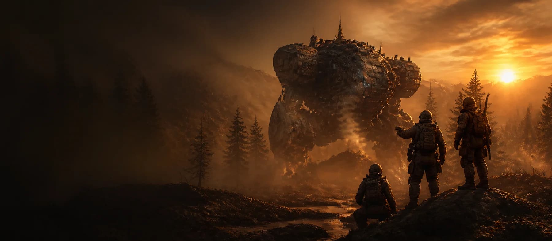 Three original adventurers coordinating beside a colossal expedition mech at sunset
