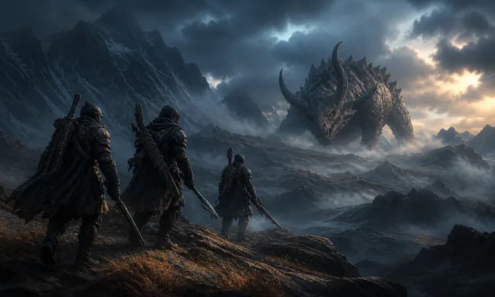 Editorial illustration accompanying the Monster Hunter Wilds game hub