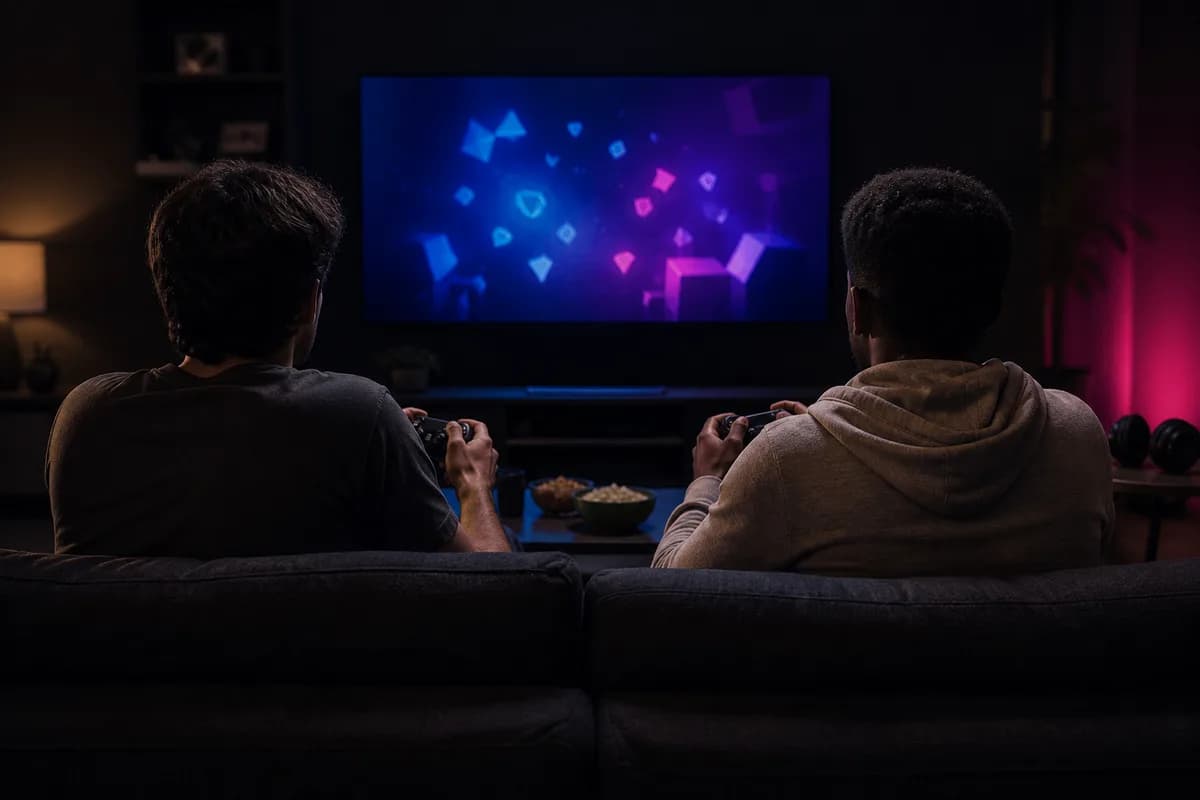 Two friends playing an unbranded cooperative game together on a couch