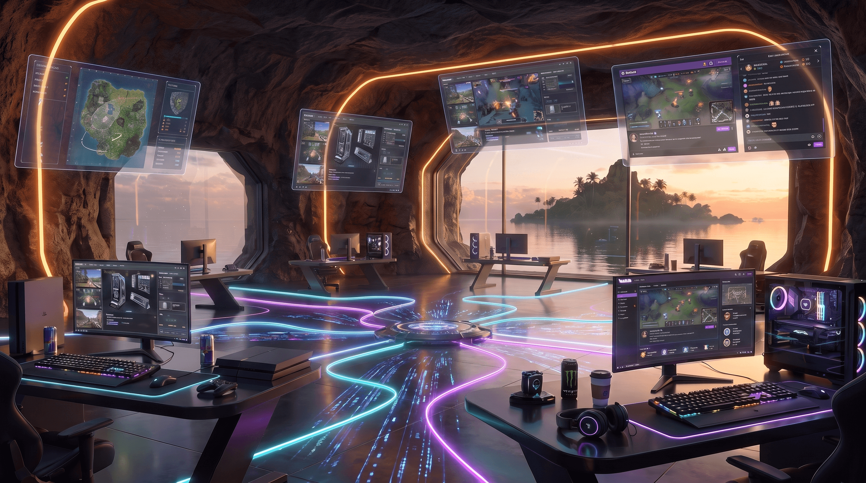 A futuristic gaming lounge inside a cave, with neon-lit desks, floating gameplay screens, and an island sunset outside.