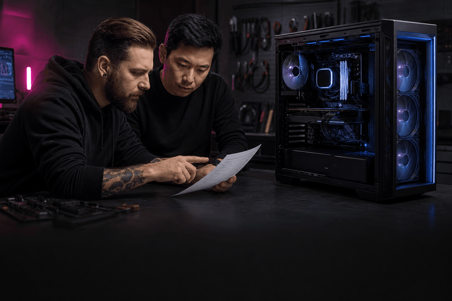 Two PC builders reviewing a parts list beside a completed gaming PC