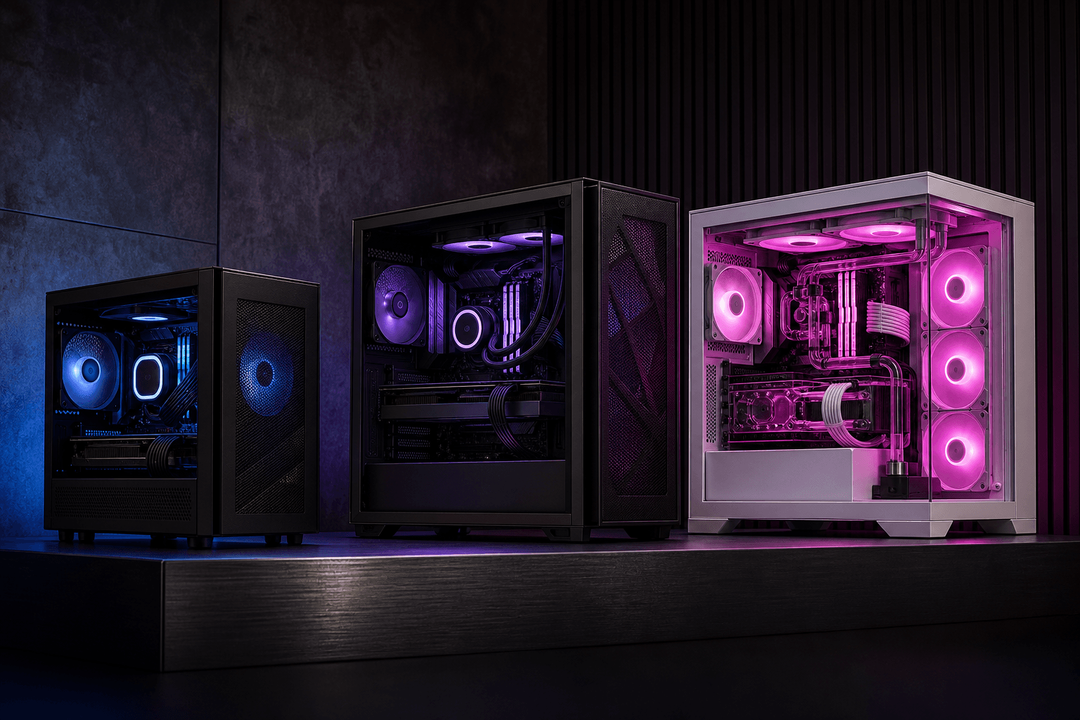 Three completed custom gaming PCs displayed together