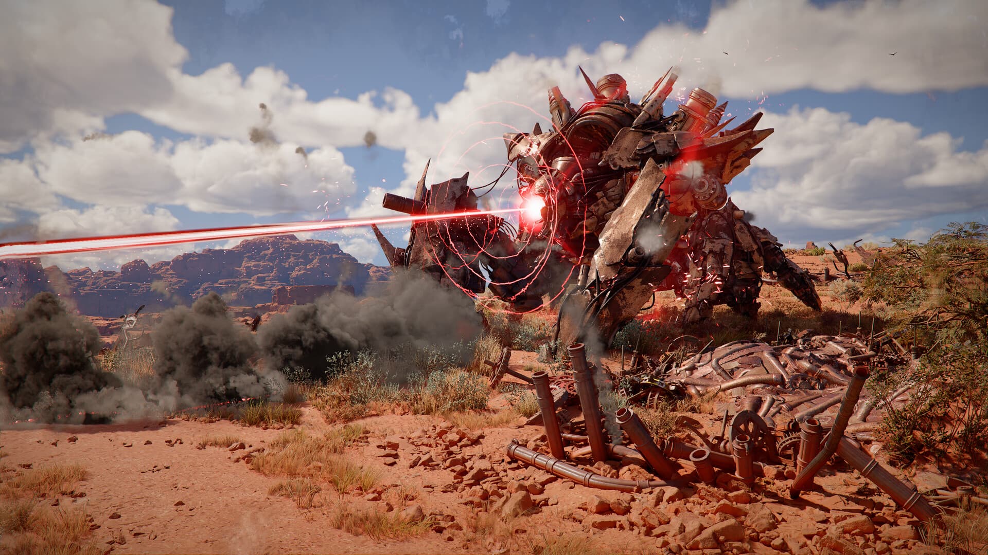 A large mechanical creature projects a red beam across rocky desert terrain.
