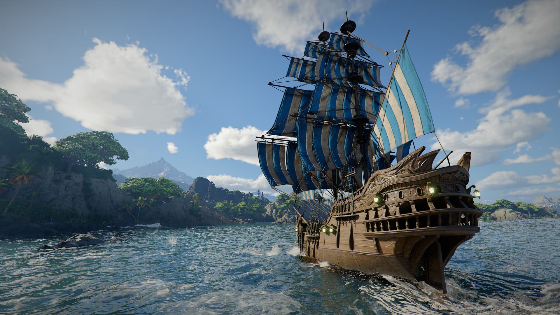 A wooden sailing ship with blue-striped sails travels past a green island on Pywel’s coast.