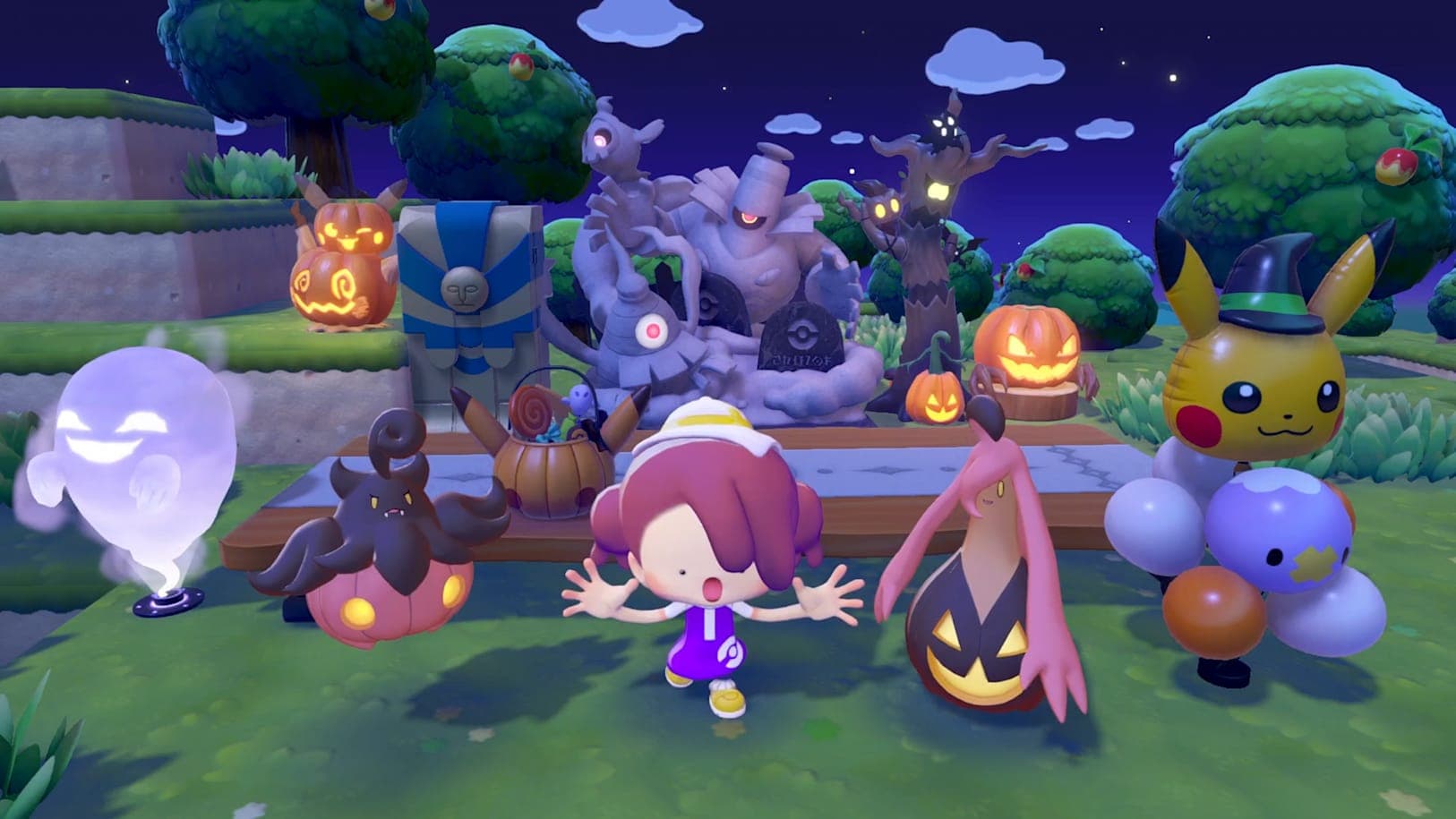 Pumpkaboo, Gourgeist and other Pokemon gather among festival decorations.