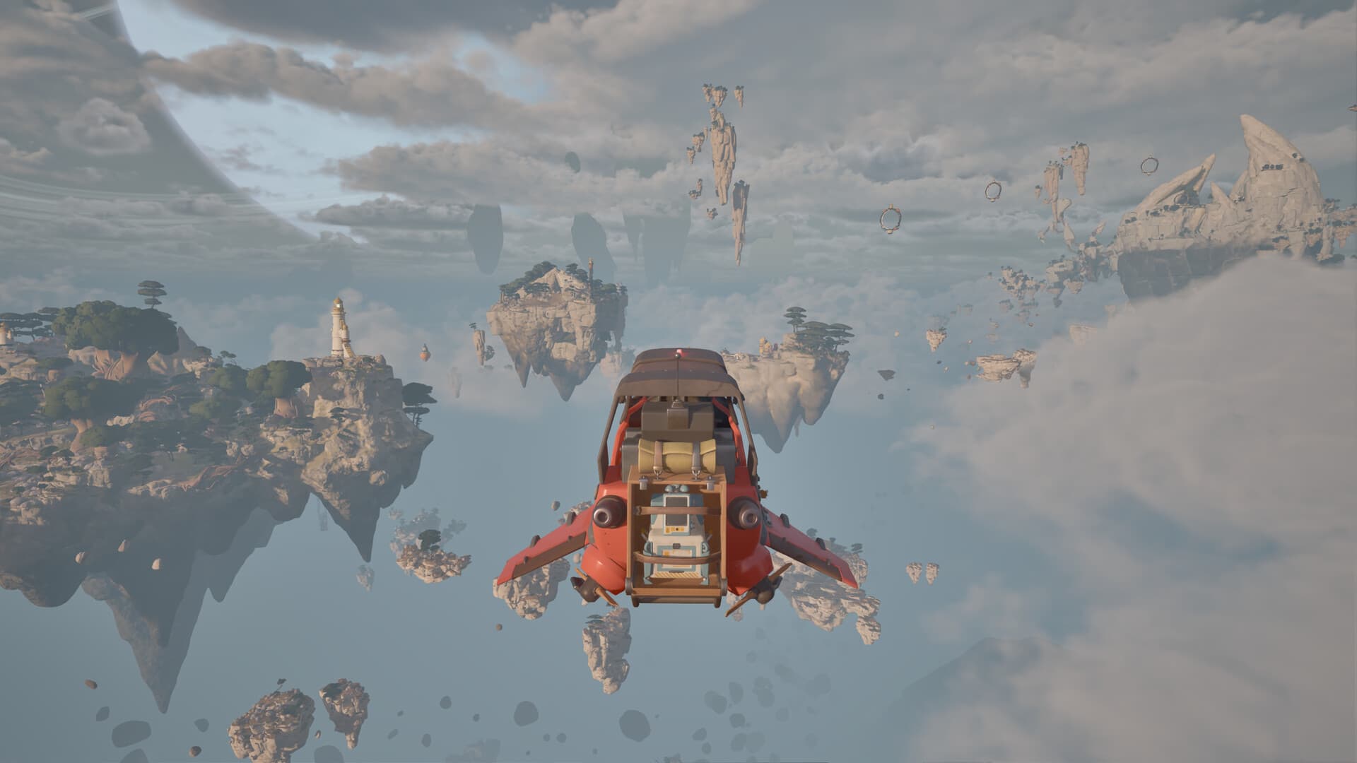 A Wasp flies toward pale floating rock islands.