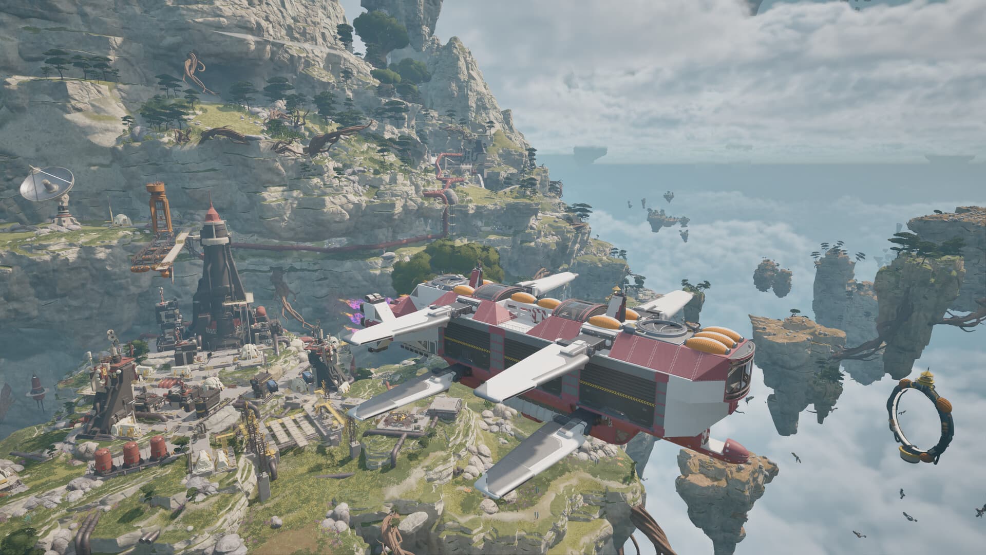 A Cloud Cruiser flies beside green cliffs and floating islands on Tycos.