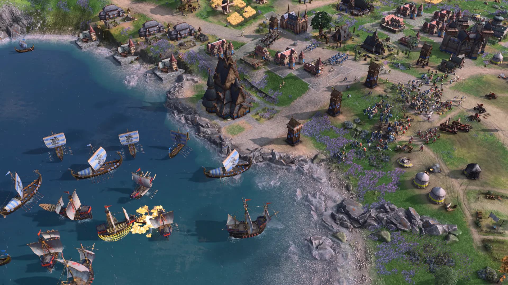 Ships approach a coastal settlement in the Scottish Isthmus mission preview.