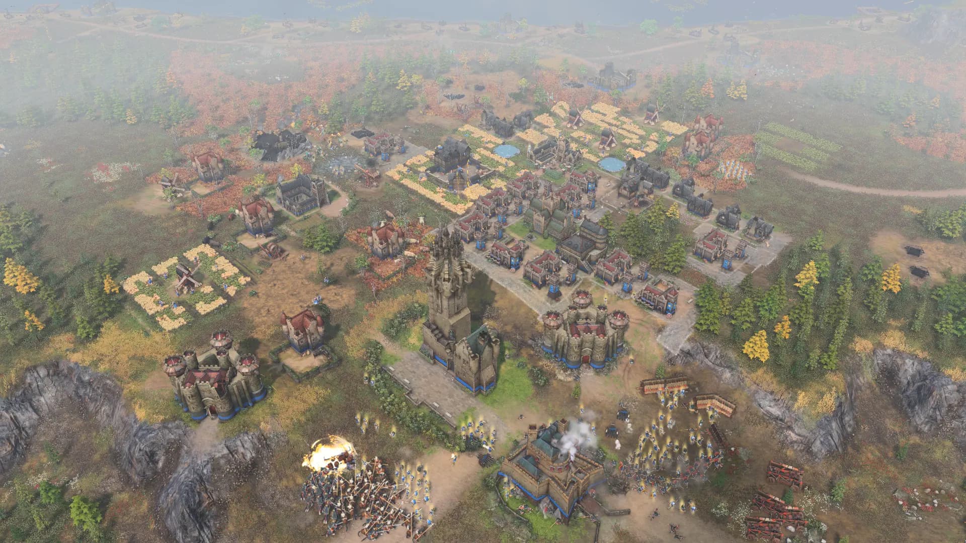 An overhead view of a fortified settlement in the Sea Raiders mission preview.