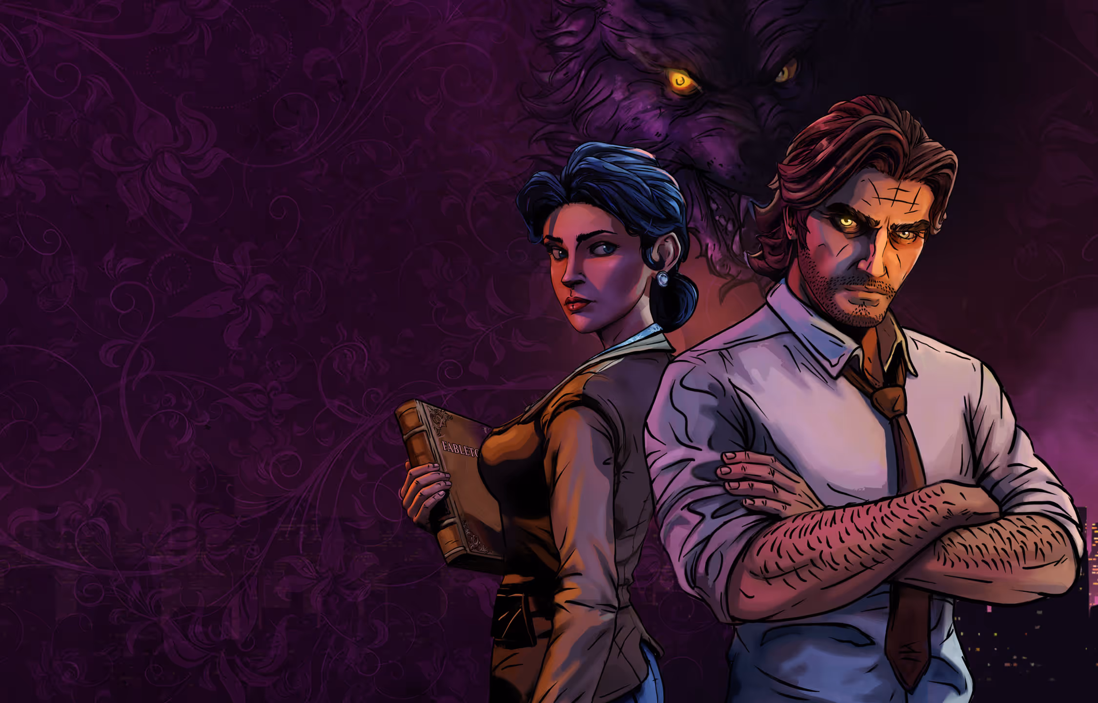 Bigby and Snow stand before a purple noir backdrop with a wolf looming above.