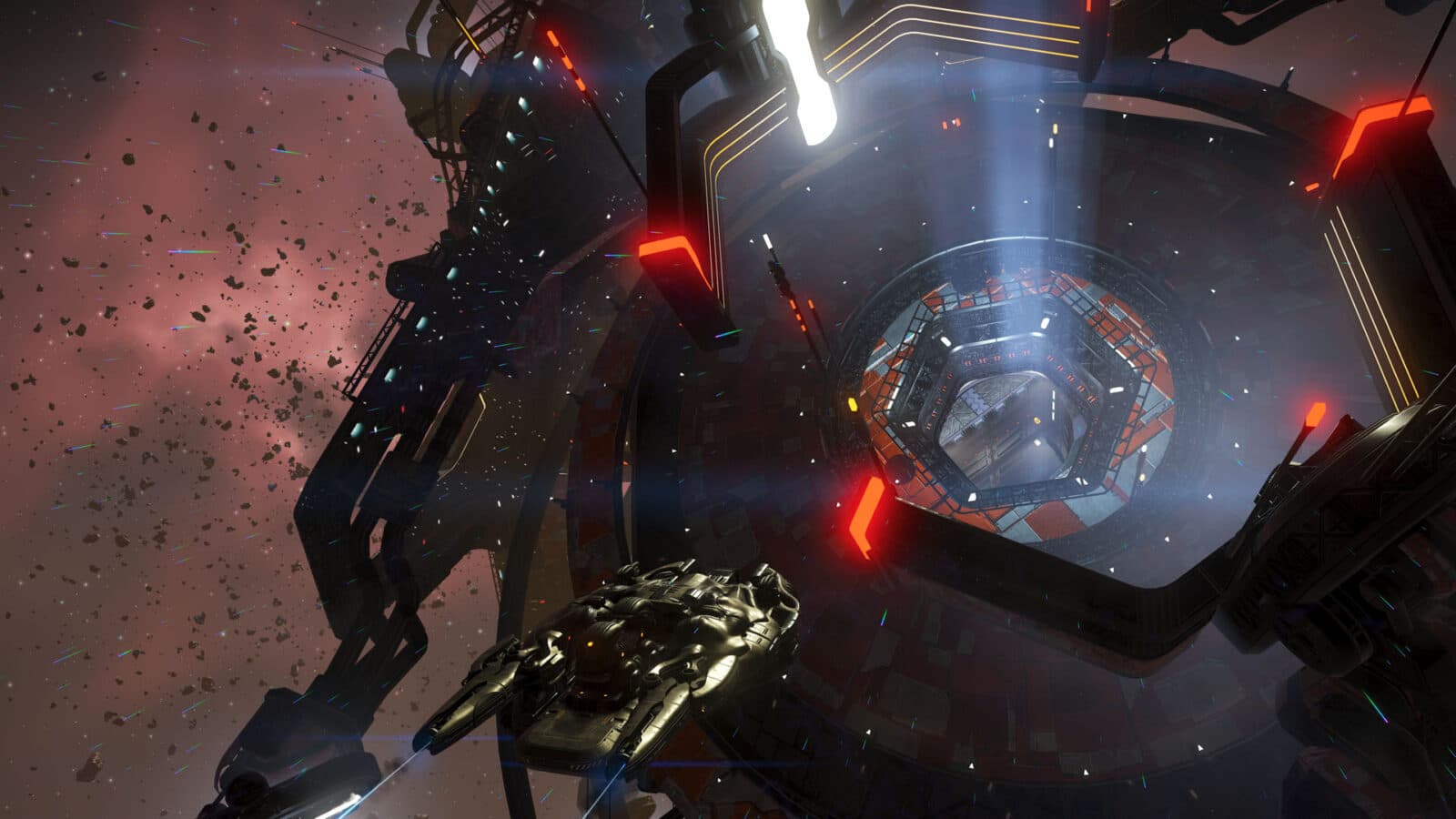 A spacecraft approaches a large illuminated structure in deep space.