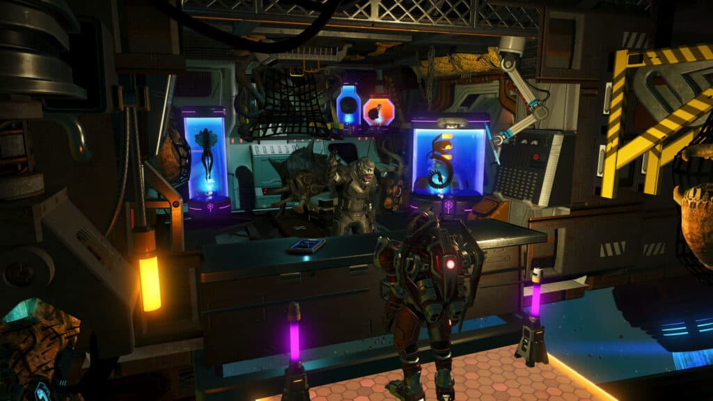 A figure stands before a counter with illuminated biological specimen displays.