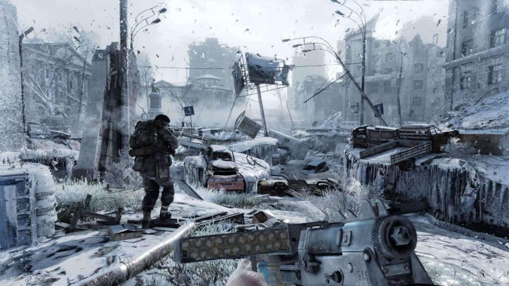 A first-person view follows an armed figure through a snow-covered ruined street.