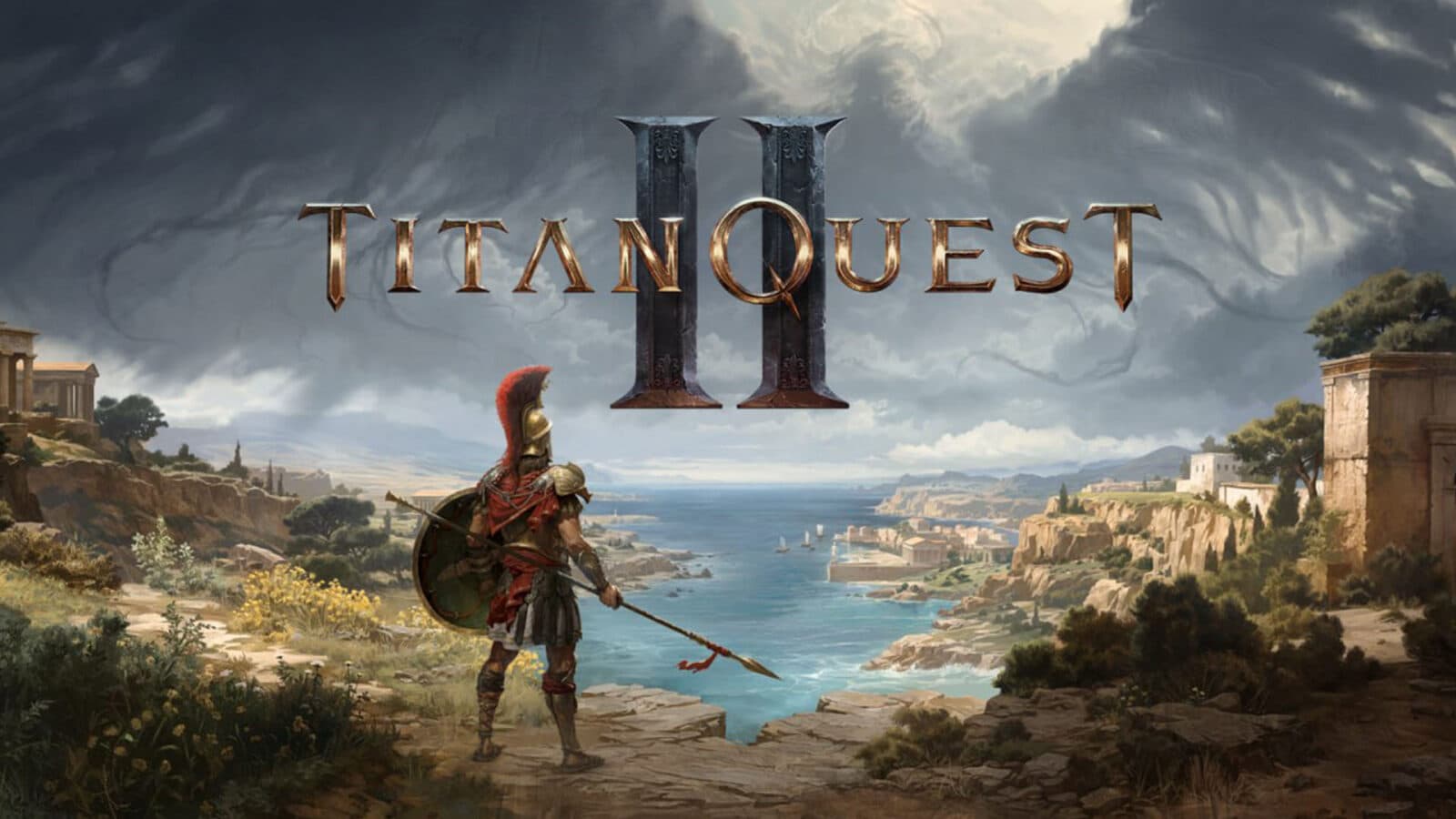 Titan Quest II key art shows an armoured warrior looking over a coastal Greek landscape.