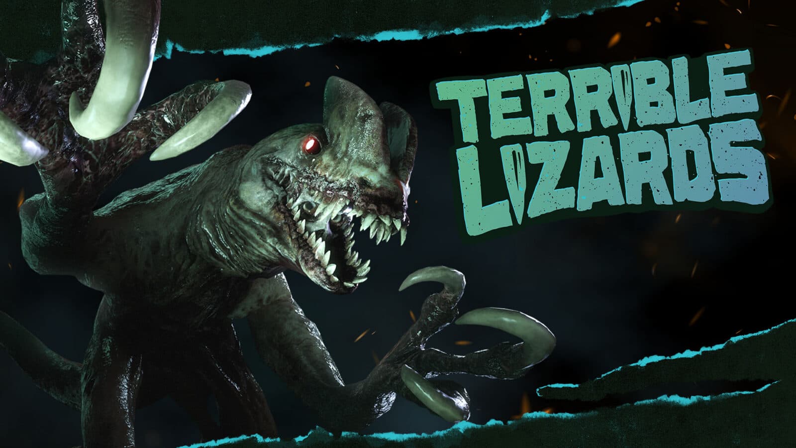 A dinosaur animatronic emerges beneath the Terrible Lizards title in promotional artwork.