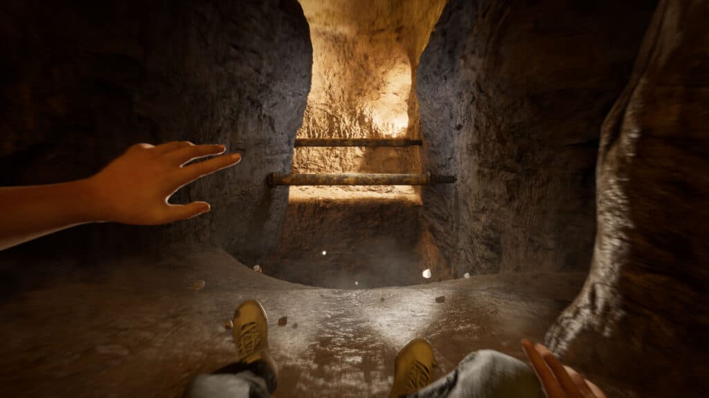 Outstretched hands and legs appear during a first-person leap through a narrow stone shaft.