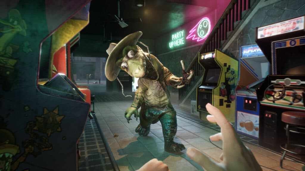 A dinosaur animatronic approaches between arcade cabinets inside a dark attraction.