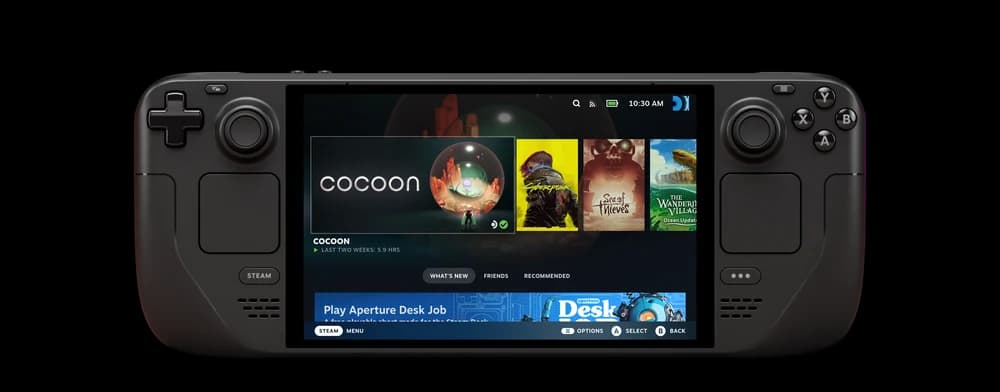Front of the black Steam Deck OLED with its Steam library visible.