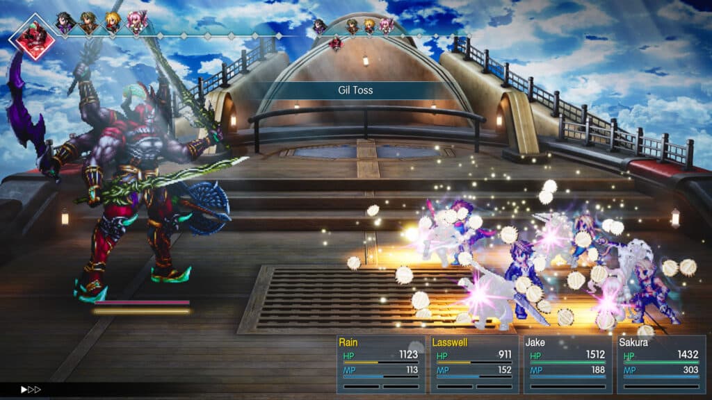 Characters fight an enemy in an official Final Fantasy Resonance battle screenshot.