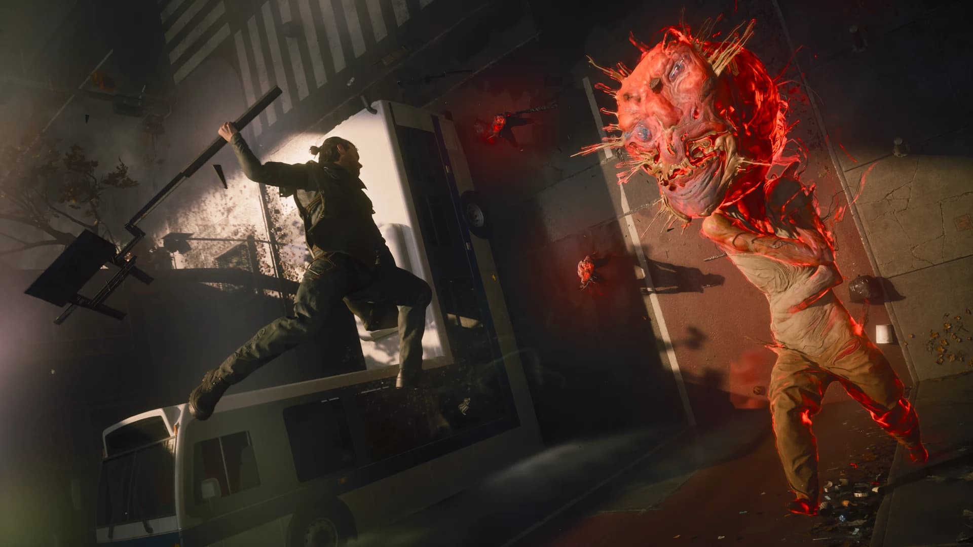 Dylan leaps with a long melee weapon toward a red supernatural creature on a tilted city street.