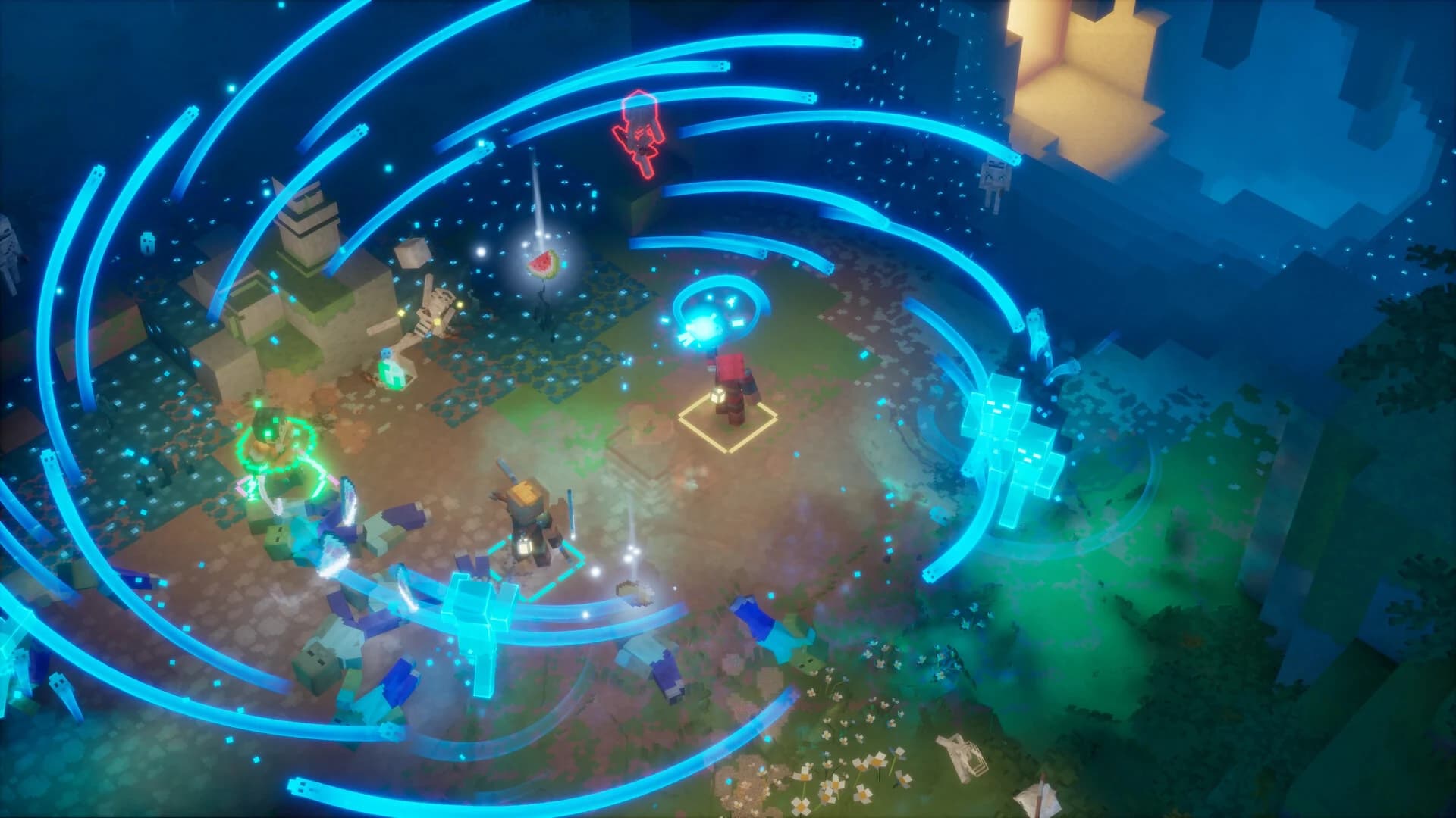 Heroes battle enemies amid blue circular effects in a top-down Minecraft environment.