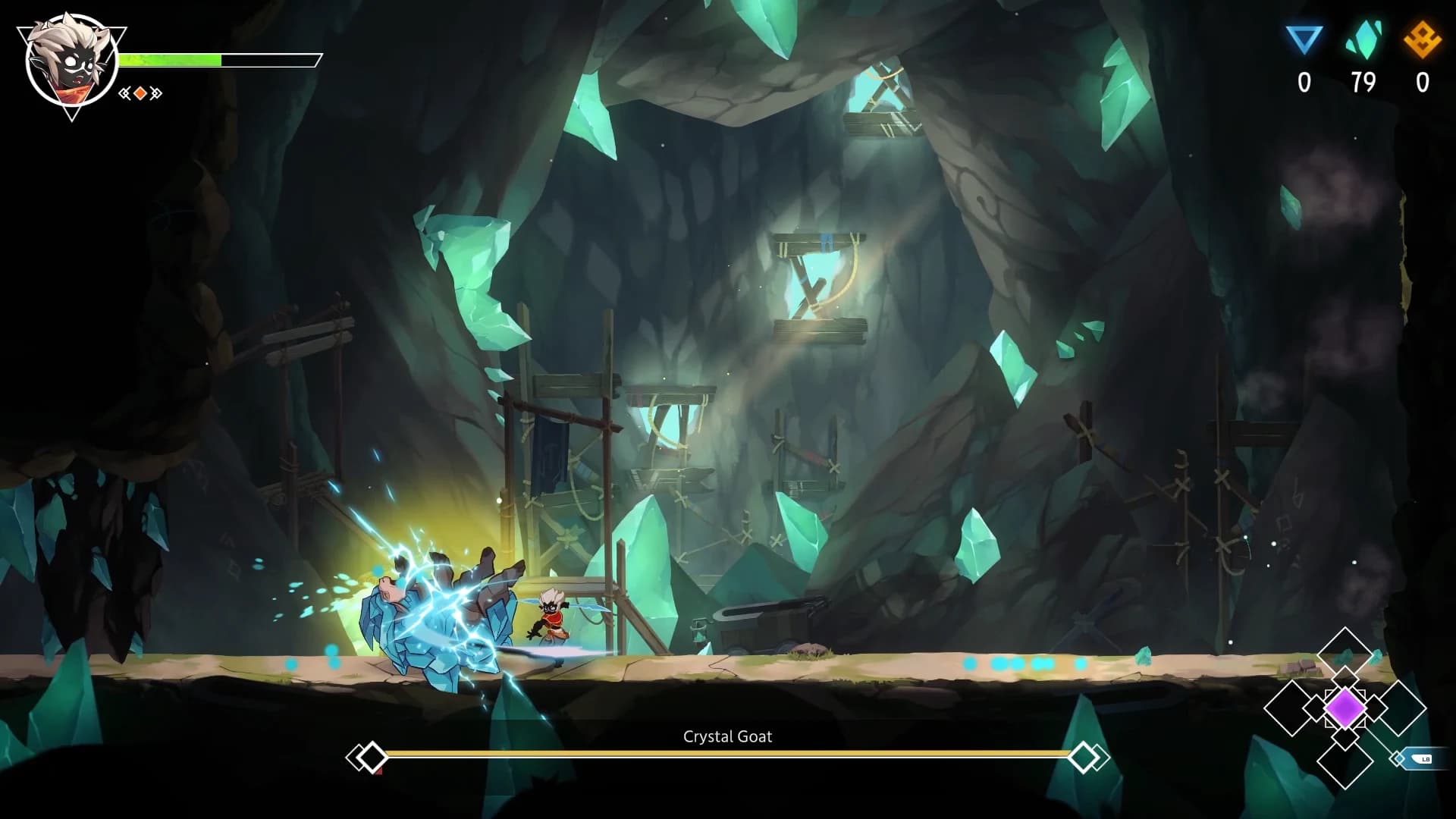 Hira fights the Crystal Goat inside a cavern lined with glowing green crystals.