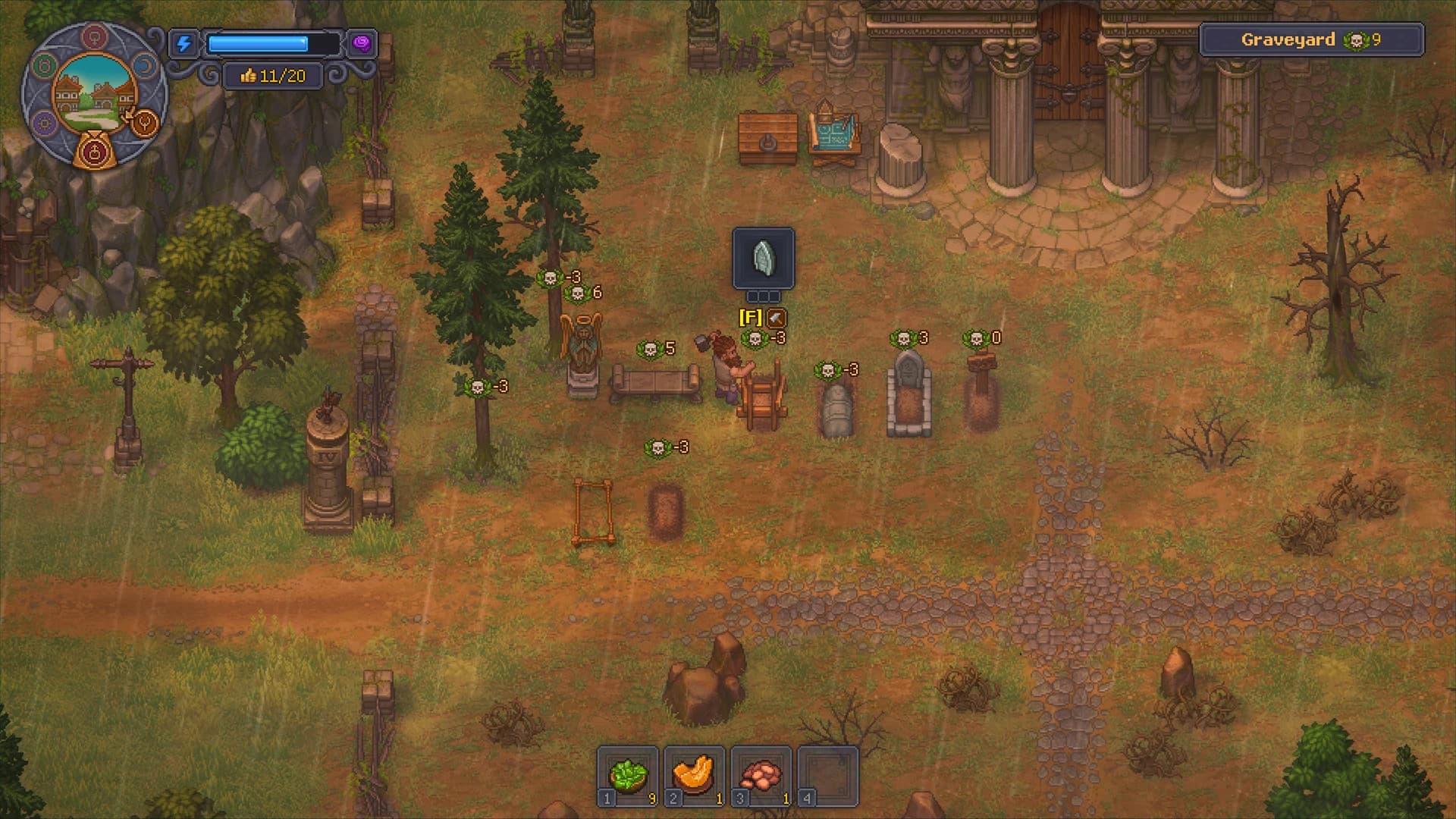 A character carrying wood stands among tombstones outside a stone church, with the graveyard interface visible.
