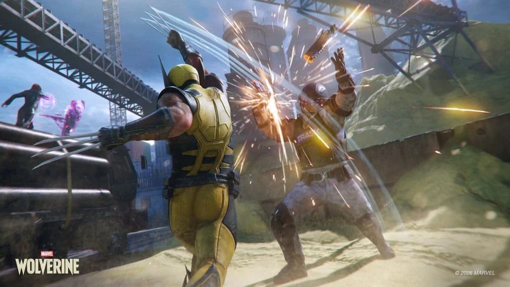 Wolverine slashes an armed opponent while Jean fights in the background; the game logo and Marvel copyright appear below.