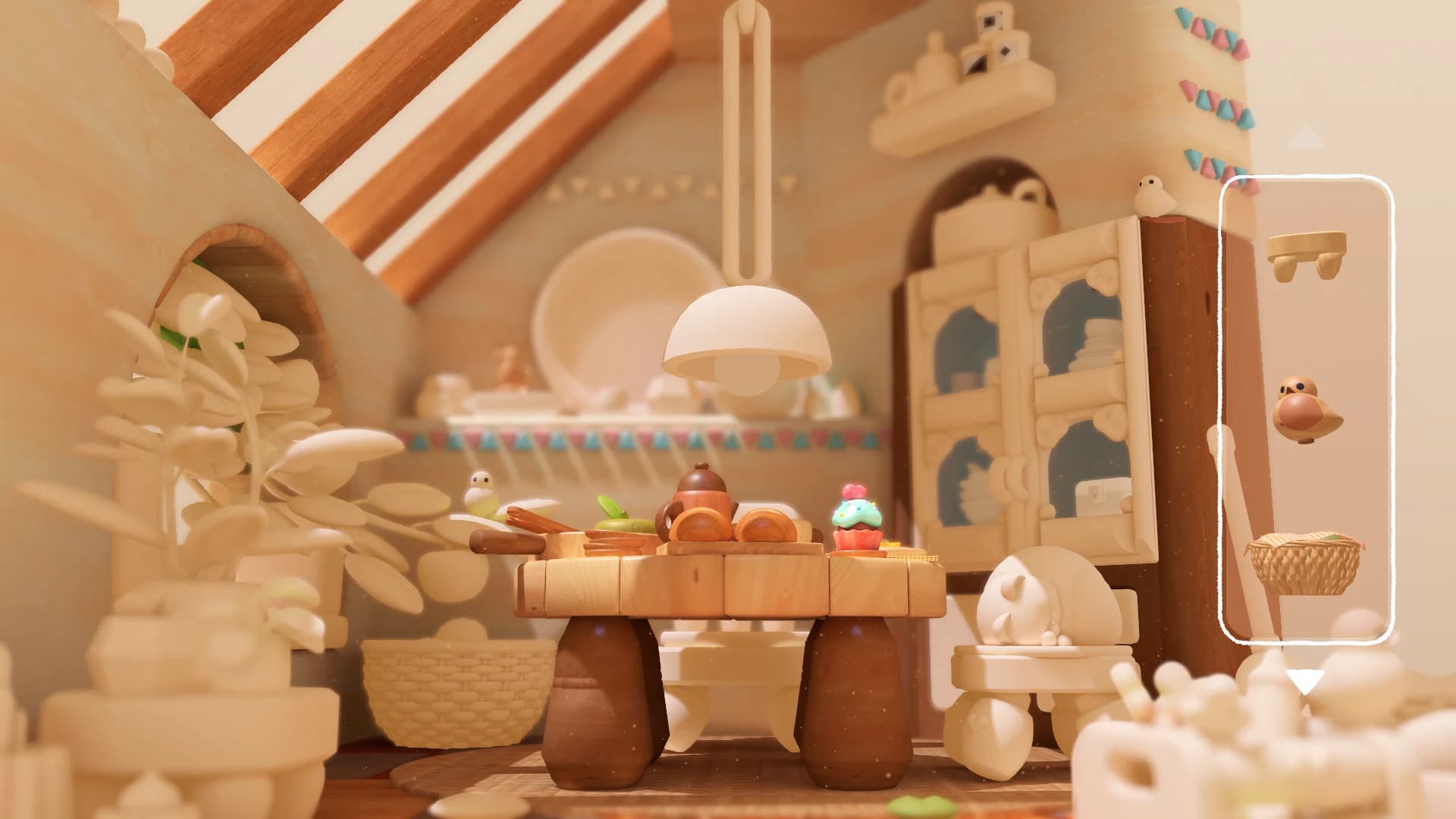 A wooden kitchen diorama with a dining table, hanging lamp and a panel showing pieces to place.