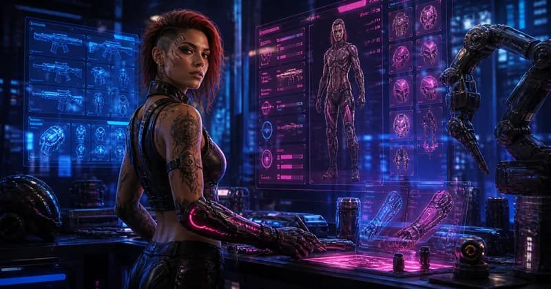 Editorial concept of a futuristic character build interface