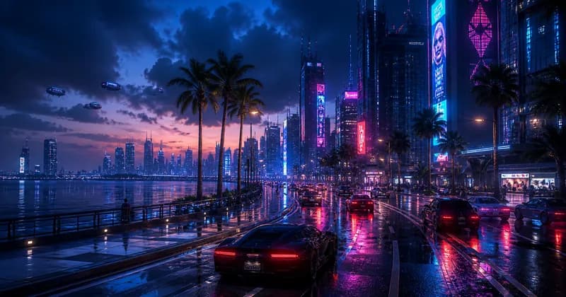 Editorial concept of a neon city street at night