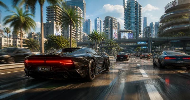 Editorial concept of a futuristic drive through a coastal city