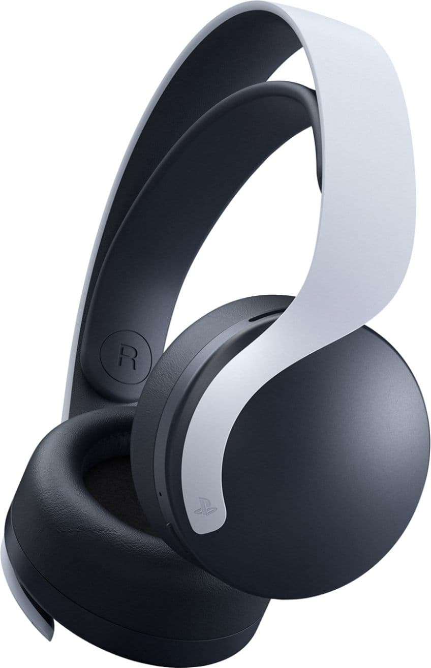 Sony PULSE 3D wireless headset, three-quarter view showing the white headband and black earcups