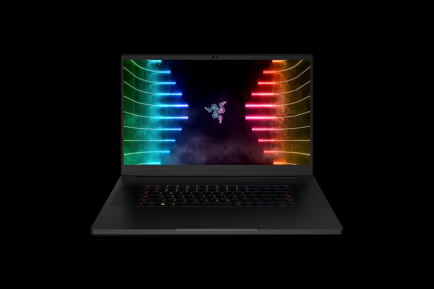 Razer Blade 17 gaming laptop open, showing the per-key backlit keyboard