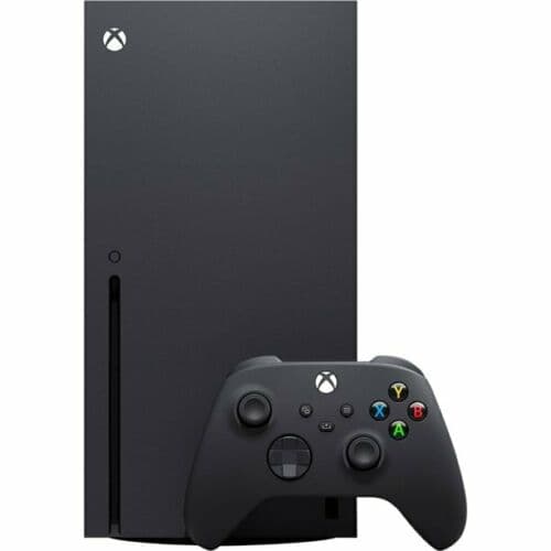 Xbox Series X console standing vertically with a matte black Xbox wireless controller in front