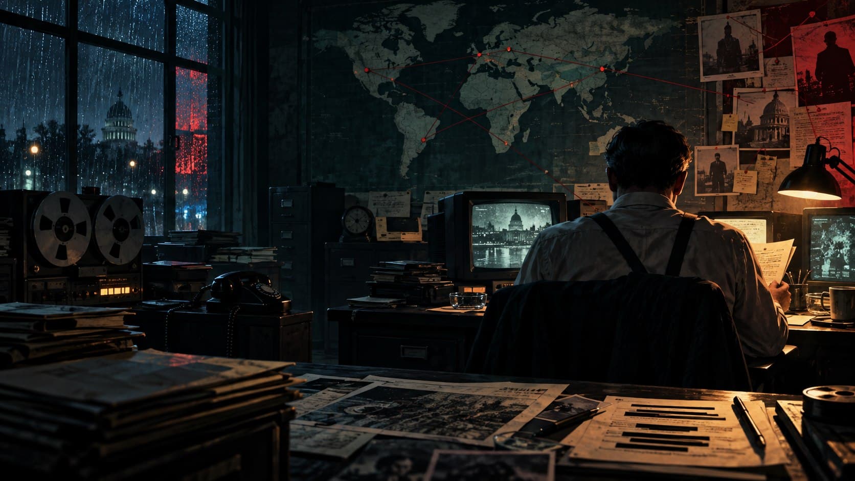 An intelligence analyst studies maps and dossiers in a rain-lit operations room.