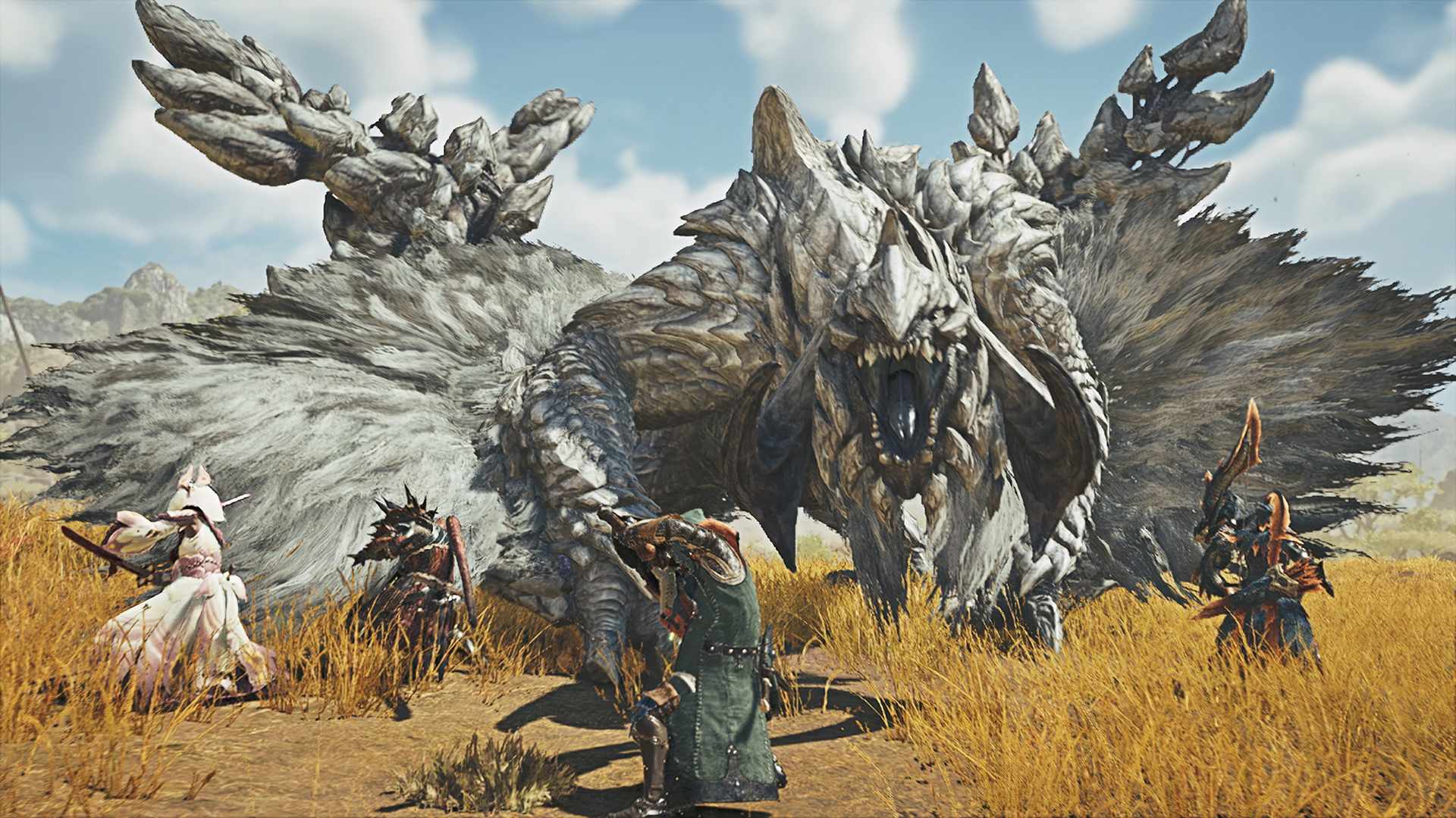 Four hunters face a large white, horned monster in golden grass.