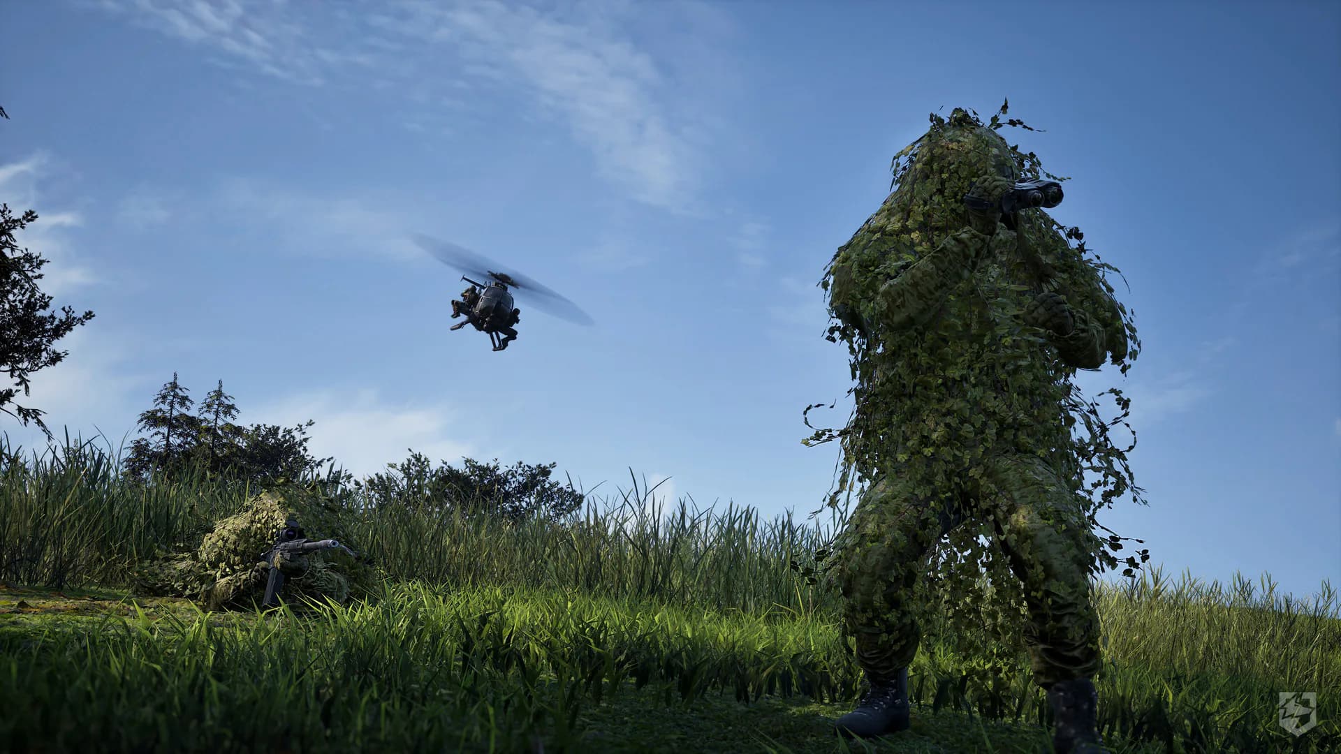 Official WARDOGS screenshot of two players wearing ghillie suits while observing with binoculars and a rifle.
