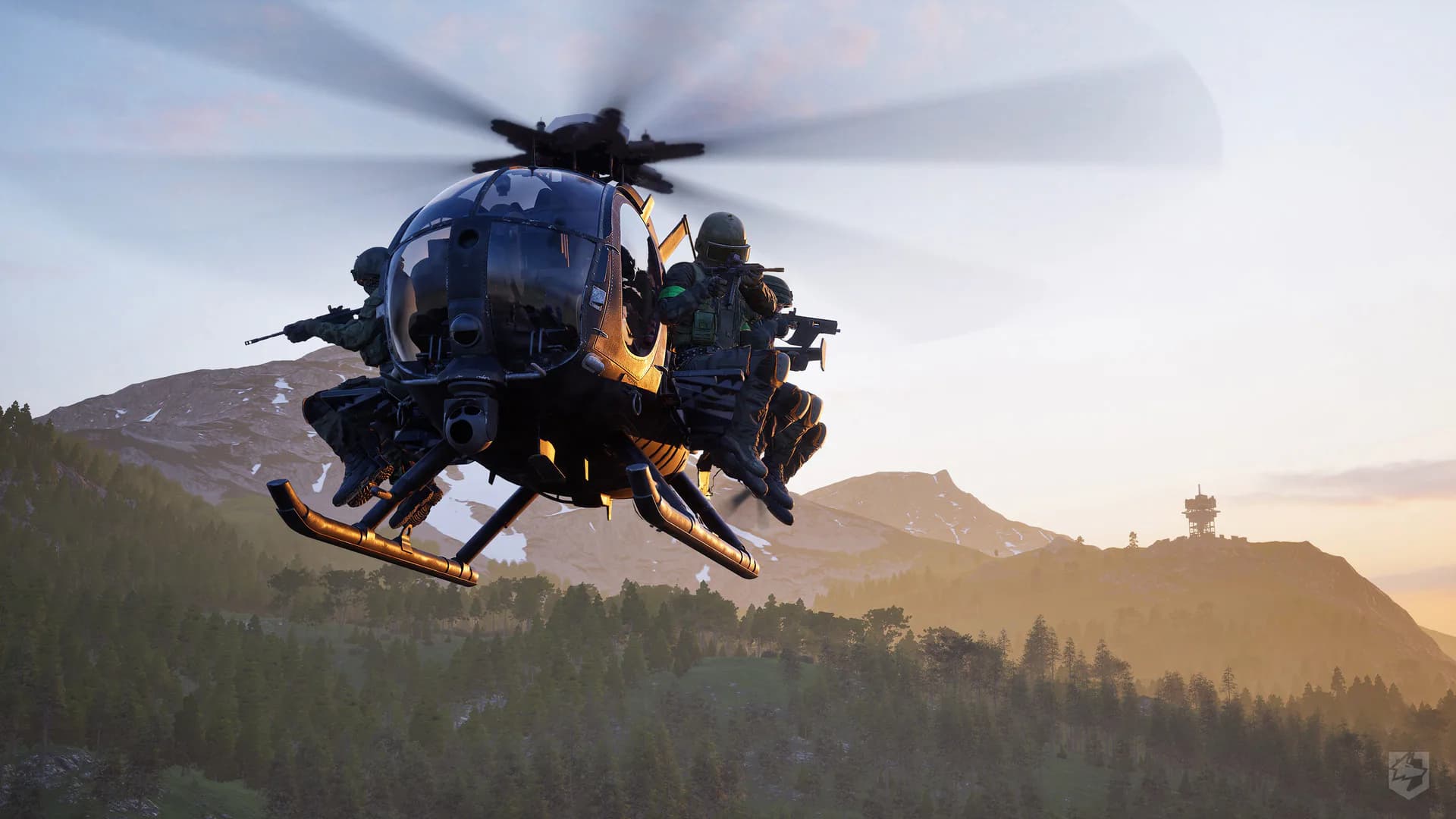 An official WARDOGS screenshot of a light helicopter carrying soldiers over a mountain valley.